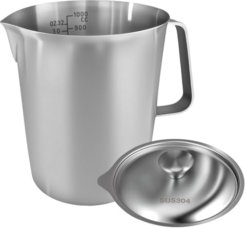 1L Milk Frothing Pitcher 304 Stainless Steel Milk Jug | Milk Frother Jug with ml/oz Measurement Mark and Lid, Metal Measuring Jug for Making Latte Art Cappuccino Coffee Espresso