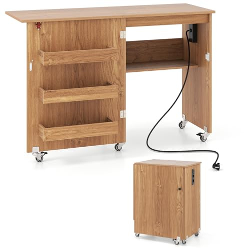 COSTWAY Mobile per Macchina da Cucire Pieghevole, Tavolo da Cucito con Stazione di Ricarica, Ruote Bloccabili, Ripiano e Contenitori (Legno, 116 x 41 x 78 cm)