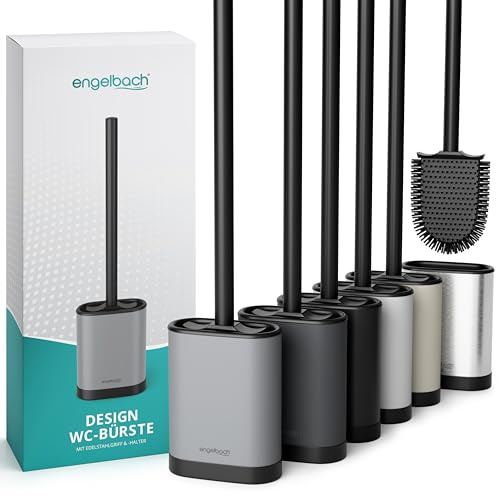 Engelbach® Spazzolone WC in Silicone con Manico e Supporto in Acciaio Inox – Scopino bagno Antibatterico da Parete Senza Forare – Con Testina di Ricambio - Grigio