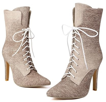DZBERH Kvinnors spetsiga ankelstövlar Hög klack Korta övlar Stiletto Heel Denim Dekorativ snörning Siddragare Höjd 11cm
