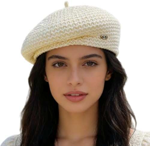 HIQIU Baskenmütze Damen Sommer Frühling aus Baumwolle und Leinen - Stilvoll Dünn Atmungsaktiv Beret Hut Frauen Künstler Maler Mütze (DE/NL/SE/PL, Numerisch, 56, 58, Beige Weiß)