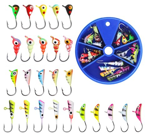 Sghtil Juego de señuelos de pesca, 25 piezas, brillantes cabezas realistas, anzuelos de pesca de hielo, juego de cebos para pesca de bajo, para hombres, pescadores, trucha, bagre, pez, agua salada