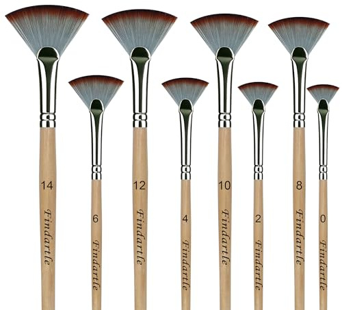 Findartle pennelli a ventaglio, 8 pennelli a ventaglio in nylon per acquerello, acrilico, olio，guazzo, pennelli artistici per sfumature, sfumature di sfondo, texture, ammorbidimento (Legno naturale)