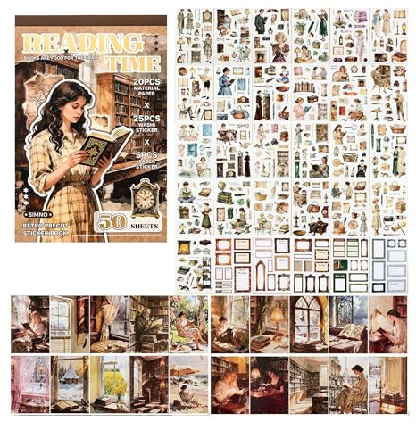 Pegatinas Scrapbooking para Adultos – Libro de Pegatinas Vintage Aesthetic con 30 Hojas Washi y 20 Papeles para Scrapbooking, Stickers para Journaling, Bullet Journal y Álbumes, Decoración Creativa