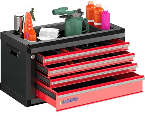LARBANKE Boîte à outils à 4 tiroirs, boîte à outils portable avec serrure et clés, boîte à outils avec plan de travail étanche et résistant à la rouille, coin anti-collision, tiges de connexion