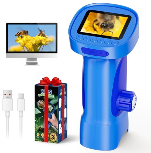 Microscopio Bambini, Ahalfcit Microscopio Digitale con Schermo HD IPS 2.4, 1000X Microscopio Portatile da Tasca, Giocattolo Esplorazione Natura, Regalo STEM per Bambini 3-12 Anni (Blu)