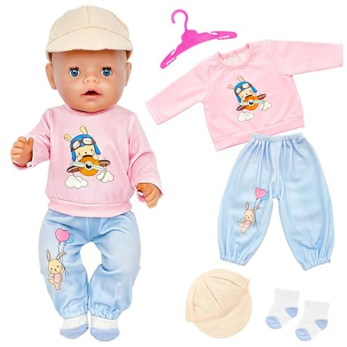 Baby Doll Clothes for 35–43 cm Dolls, 5 Pcs Pink Pilot Rabbit Long Sleeved Shirts Long Pants Doll Clothes Hats Hangers Socks Cute Doll Accessories for 14-18 Inch Baby Dolls, Girls' Birthday Gift