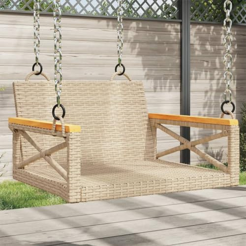 GeenYuu Hängfåtölj, beige, poly rotting med pulverlackerad stålram, 63 x 62 x 40 cm, trädgårdsmöbler, sittbänk för terrass, balkong, veranda, väderbeständig, gungbänk med fästringar
