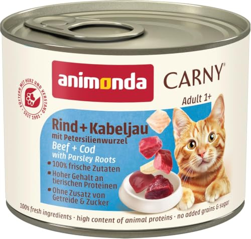 Carny Nourriture Humide pour Chat au bœuf + morue avec Racines de Persil (6 x 200 g) - Nourriture Humide pour Chat d'animonda sans céréales ni Sucre, avec ingrédients charnus Frais