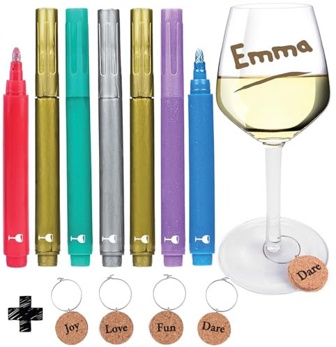 Vaci Weinglas-Marker, 7 Stück, mit 4 Weinglas-Charms, Metallic-Farbstifte, Getränke-Marker, personalisierbar