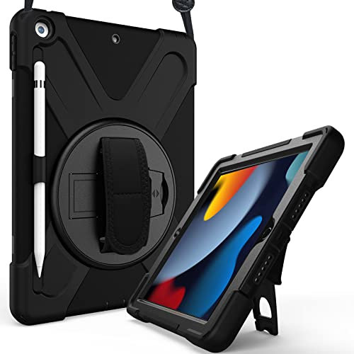 ProCase Hülle mit Stifthalter Gurt Handschlaufe für iPad 10.2 Zoll 2021 9th /2020 8th /2019 7th Gen, Schutzhülle mit Pencil Holder, Stoßfest Robust Case Hybrid Cover -Schwarz