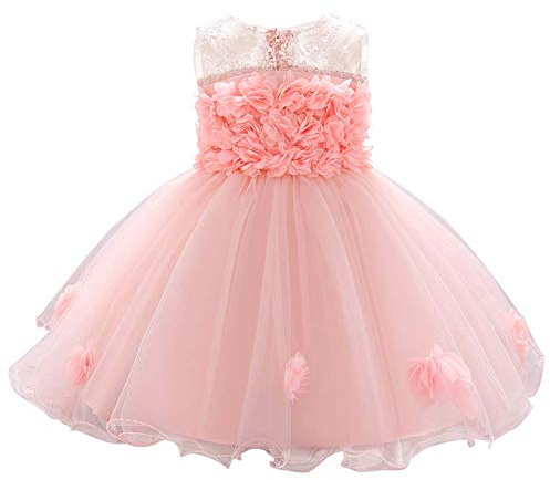 FYMNSI Robe de princesse pour petite fille, tutu,Robe de fête,Robe de baptême,Robe d'anniversaire,Ligne A,Nœud,Fleurs,Robe en tulle sans manches,Robe d'été festive de 6 à 24 mois,Rose,12 mois