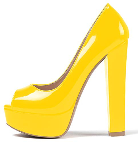 Mettesally Womens Peep Toe Court Shoes Chunky Heel Pumps Fashion Platform Dress Shoes Yellow UK12