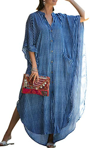 LikeJump Cardigan för kvinnor, bohemisk kimono, baddräkter, kaftan, bikini, täcka upp, sommar, strandklänning, maxi-toppar, blå vit, En storlek