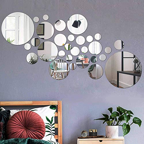 Shackcom 30 Pezzi Removibile Acrilico Specchio Adesivo Parete Specchio Decal Decorazione Domestica Piastrelle Appiccicoso,per Casa Decorazione Soggiorno Camera da Letto-Argento