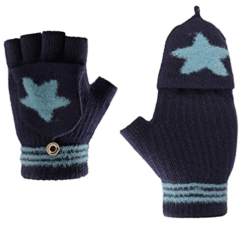 Winter Convertible Flip Top Mitten Kids Primary Students Knit Writing Five-pointed Star Half Fingerless Gloves with Flap Cover Cycling Running 5-10 Years Boys Girls Daily Use Warm Gloves
