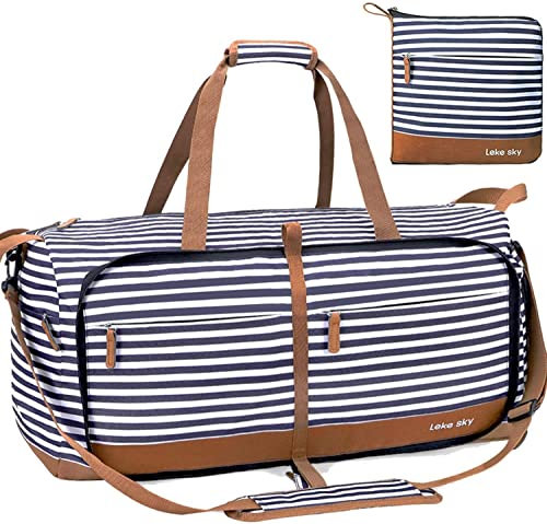 Lekesky Reisetasche Damen 60L Faltbare Reisetasche Weekender Sporttasche mit Schuhfach, wasserdichte Handgepäck Tasche/Sporttasche/Krankenhaustasche (Blau Gestreift)