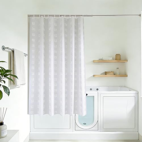 YISURE White Textured Short Shower Curtain, Small Shower Curtain for Bathroom Tub, Waterproof Fabric and Plastic Hooks 59 W x59 L /150x150cm