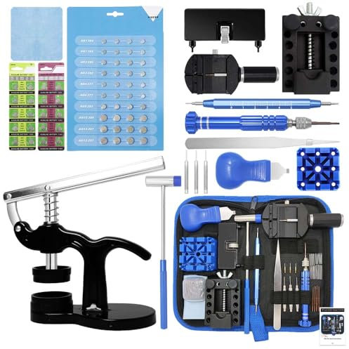 Professionelles Uhrenreparaturset, GLDCAPA Uhrenbatterie-Ersatzset mit Tragetasche, Werkzeugset zum Entfernen von Uhrengliedern, Uhrengehäuseöffner, Uhrenpressenset mit 60 Stück Uhrenbatterie