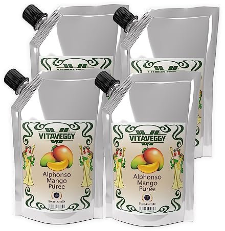 VITAVEGGY Frucht-Püree INDISCHE MANGO 4x 1kg von Food-United mango-fruit-puree für Mango-Maracuja-Saft-Smoothie Chutney Pickle Sorbet Cocktail ohne Aroma- Farb- & Konservierungsmittel (4)