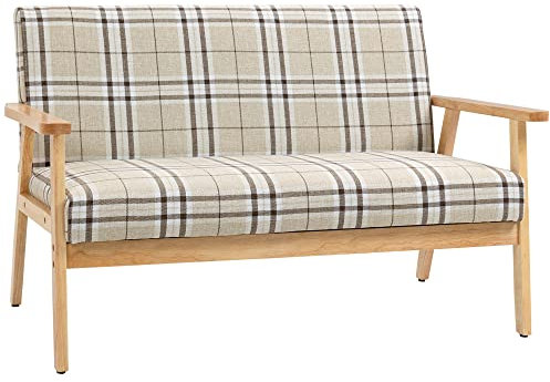 HOMCOM Modern Two Seater Sofa for Living Room, Linen Fabric Small Couch with Rubber Wood Frame, Armrests, Lattice Pattern, Upholstered Loveseat, Beige