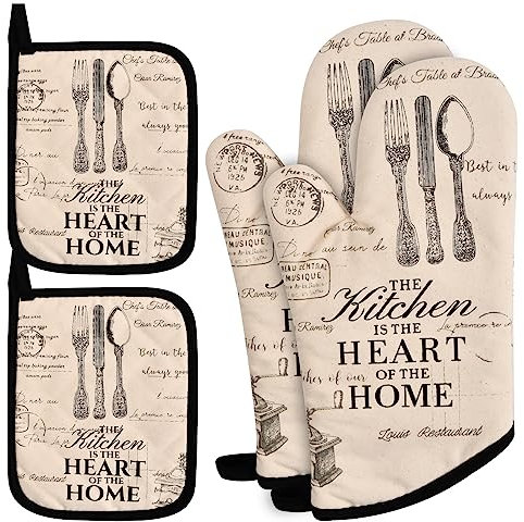 Ofenhandschuh 2er Topfhandschuhe Topflappen 240°C Hitzebeständige Backhandschuhe, Lang Baumwolle Ofenhandschuhe 32 cm, mit 2 Topflappen Set
