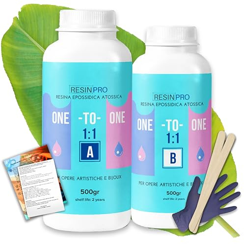 Resin Pro ® 1 Kg Resina Epossidica Trasparente 1:1 per la Creazione di Gioielli, Creazioni Artistiche, Facile da Usare e Resistente all'umidità, Resina adatta per Principianti