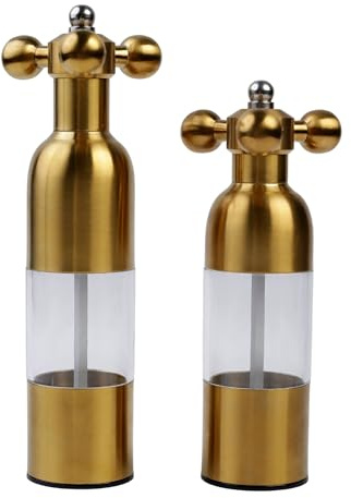 (Gold,2PCS) Salt, Pepper Modern Manual Grinder Set with Solid Handle - Stainless Steel Juego de Molinillo Dorado/Antique Faucet Shakers | Refillable Adjustable Coarseness Mill for BBQ Restaurant, Home