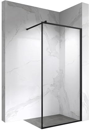 MOMENTS OF GLASS Duschabtrennung Walk In Gianna 110x200 cm Duschwand Dusche 8mm STARK aus DURCHSICHTIGEM NANO ESG Sicherheitsglas, Rahmen aus schwarzem Aluminium und Stabilisationsstange in Schwarz