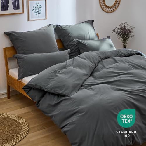 Blumtal Bettwäsche 135x200 Leinen Optik 2teilig mit Kissenbezug 80x80cm - Bettbezug leinenartige Baumwolle, ähnlich wie Leinen Bettwäsche 135x200 cm - Oeko-TEX zert. Stone Washed Bettbezug Anthrazit