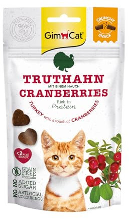 GimCat Crunchy Snacks Truthahn mit Cranberries - Knuspriges und proteinreiches Katzenleckerli - 1 Beutel (1 x 50 g)