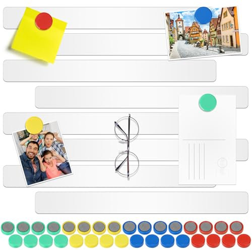 Wukong 30x3cm, 8 Pack Magnetic Stainless White Boards Strips, Adhesive Backing Bulletin Bar Board, Memo Board with 32Pcs Colorful Magnets for Office, Home, Photo Wall, Documents and Fridge