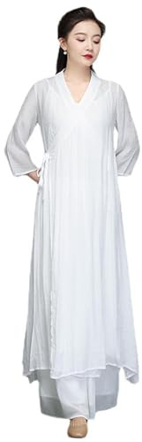 DAYKET Uniformi da Arti Marziali Kung Fu da Donna, Abbigliamento Tai Chi in Cotone e Lino, Abito Tradizionale Cinese per Meditazione Zen, Abbigliamento per Esercizi mattutini,White-L