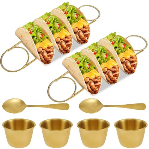 2Sets Taco Stand,Taco Holder Stands with Spoon Salad Cup,Tray Holds Up to 3 Tacos Suitable,Taco Serving Set,Rustproof Taco Rack Set,Burritos Tortilla Cooling Stand Rack for Kitchen Restaurant (Gold）