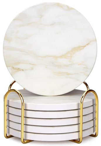 Dksyee Lot de 6 dessous de verre en céramique style marbre blanc avec support, décoration de table basse, dessous-de-verre en pierre absorbante pour bar rustique