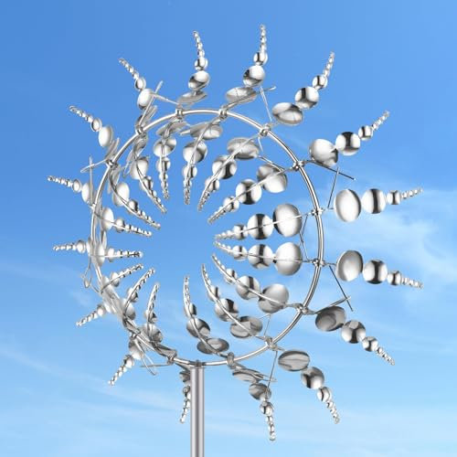 3D Metal Windmill, Garden Spinners Outdoor, Wind Spinners for Outdoors, Unique Wind Powered Kinetic Sculptures for Yard Patio Garden Lawn Outdoor Decoration, Height: 95cm/37.4inch (Silver)