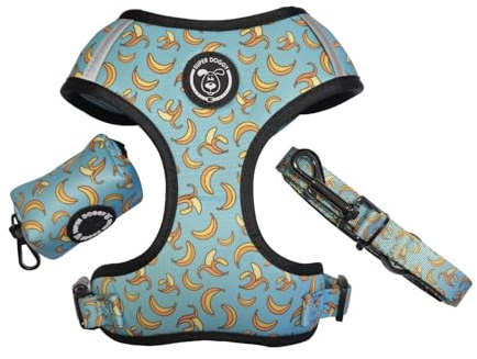 SUPER DOGGY Juego de arnés antitirones para perros con correa y dispensador de bolsas, arnés transpirable para perros pequeños y medianos (Blue Bananas, XS (2,5-3,5 kg)