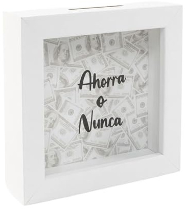 Hucha Decorativa de Madera y Cristal, Mensaje 'Ahorra o Nunca', 15x15x5cm, Blanco