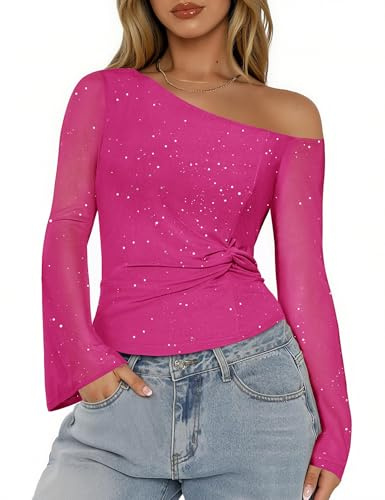 Aupuls Hauts scintillants pour femmes - Manches cloches - Épaules dénudées - Haut à paillettes - Tenue de concert, rose, Taille S