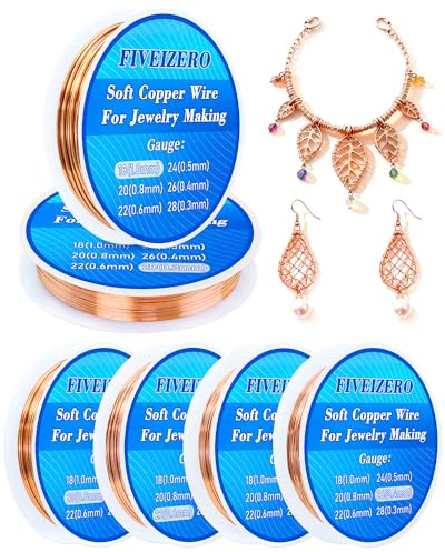 FIVEIZERO 6 Rolls 6 Size Jewelry Making Wire Kit - 18/20/22/24/26/28 Gauge Pure Dead Soft Bare Copper Wire for Electroculture Gardening, Crafting, Beading, Sculpting