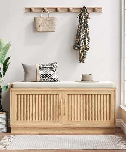 Akxomel Fluted Shoe Storage Bench with Cushion, 39.4 Entryway Bench with Adjustable Shelves and 2 Doors, Shoe Cabinet Bench with Curved Profile, for Hallway, Living Room, Bedroom, Natural Oak