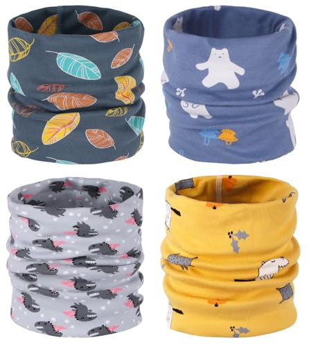 4 Pieces Cartoon Printed Kids Snood Kids Neck Warmer Boys Girls Cotton Scarf Soft Breathable O Neck Warmer Multipurpose Neckerchief Stretchy Round Scarves Toddler Snood Headband for Outdoor Indoor