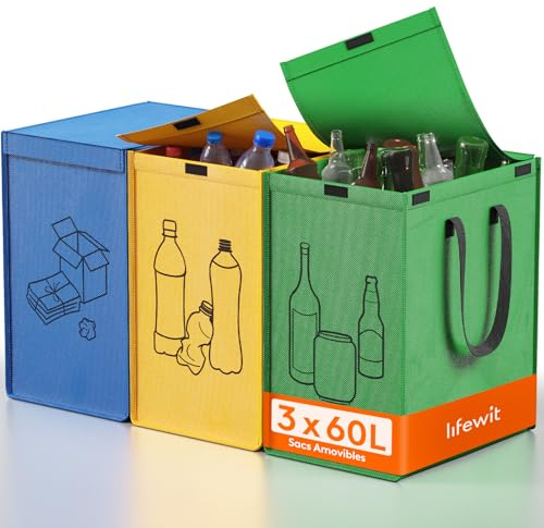 Lifewit Avfallssepareringssystem med lock, papperskorg med 3 fack vardera 60 l