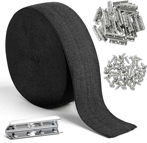 Lyksgir 2 Inch Wide x 40 ft Upholstery Webbing Elastic Band with Metal Clips and Mounting Screws, Lawn Chair Webbing Replacement Kit, Furniture Repair DIY Elastic Belts to Repair Sagging Couch, Chair