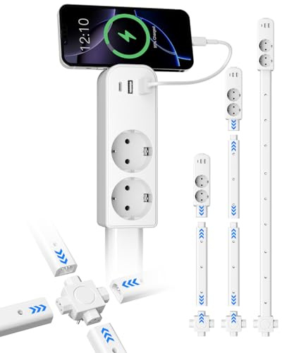 Regletas Enchufes 2 Tomas, 2 Puertos USB-A y 1 USB-C, Regleta Múltiple con 3 Extensión, Apta para Enchufes de Difícil Acceso Detrás del Sofá, Mesita de Noche, Escritorio