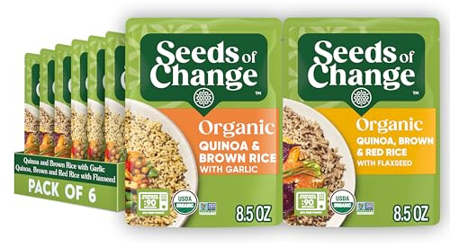 SEEDS OF CHANGE Organic Rice Variety Pack Quinoa and Brown Rice with Garlic & Quinoa Brown & Red Rice with Flaxseed, Microwaveable Ready to Heat, 8.5 Ounces (Pack of 6)