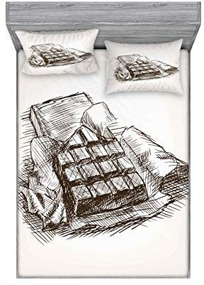 ABAKUHAUS Schokolade Buntes Spannbetttuch- und Kissen-Set, Chocolate Bar Lebensmittel Skizze, Dekoratives und Bedrucktes 3-teiliges Bettwäscheset, 180 cm x 200 cm, Dunkelbraun und Kokosnuss