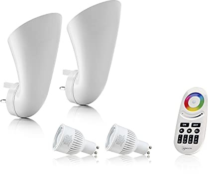 Auraglow Plugin GU10 Spotlight Uplighter Wall Wash Light Plug Socket Lamp with Colour Changing LED Smart Bulb & 4 Zone Remote - 2 Pack