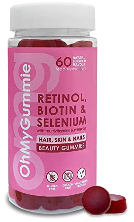OMG! Retinol, Biotin & Selenium + Collagen producing Vitamin | Hair, Skin & Nails Beauty Gummies (60) by OhMyGummie | Multivitamins & Minerals (A, C, D, E, B6, B12 & Zinc) | Vegetarian & Gelatin-Free