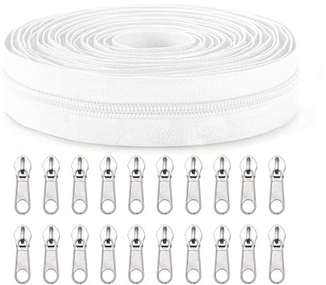 Sawoake #5 Nylon Coil Zippers by The Yard Bulk 10 Yards with 20pcs Zipper Sliders for DIY Sewing Tailor Craft Bag Garment Home Textile…(White)